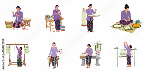 Set of flat illustrations featuring traditional Javanese women crafting and selling jasmine flower garlands in various poses and settings.