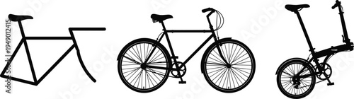 Silhouettes of three different bicycles including minimalist frame, traditional road bike, and compact folding design, highlighting diverse cycling styles, portability, and transportation concepts.