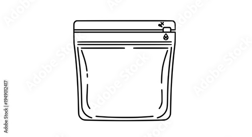 Ziplock bag plastic resealable with zipper closure, simple line drawing featuring pouch, packaging, illustration with