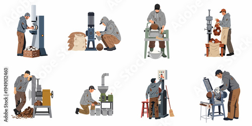 Set of flat vector illustrations depicting industrial workers operating various machinery for coconut processing and oil extraction isolated on a white background.