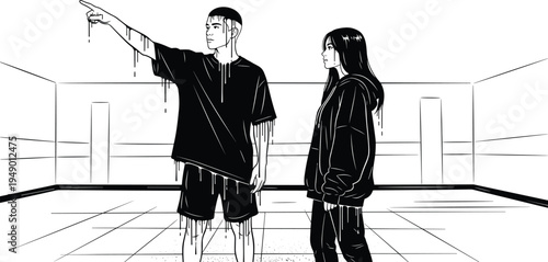 Crime scene investigation with detective pointing direction and partner observing in urban interior, dramatic noir style illustrationCrime scene investigation with detective pointing direction and par