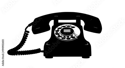 Telephone rotary black icon with cord and receiver, classic dial design featuring vintage phone, communication, old