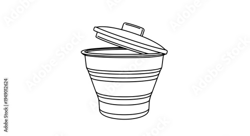 Bucket metal with horizontal lines and open lid on top, simple line drawing featuring illustration, graphic resource,