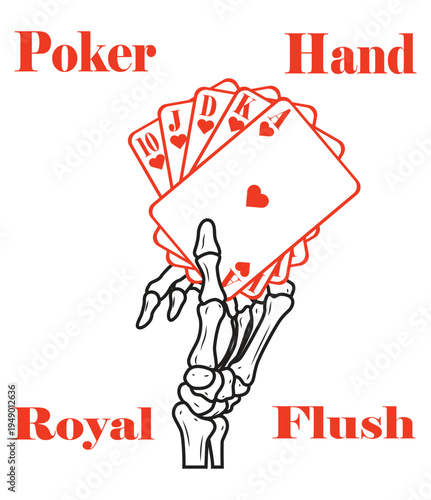 Skull hand Royal flush hand whit the symbol heart