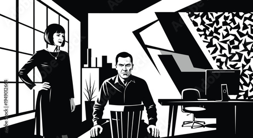 Detective interrogation scene in noir style office with suspects and dramatic shadows, vintage crime investigation illustrationDetective interrogation scene in noir style office with suspects and dram