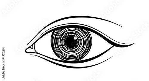 Eye human illustration with detailed iris and black lines on white background featuring drawing, line art, face with