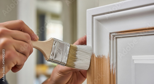 person applying brown paint to white door frame with brush close up detail view hand applying painti