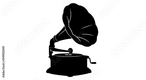 Gramophone with horn and turntable in black silhouette on white background featuring record player, vintage, antique