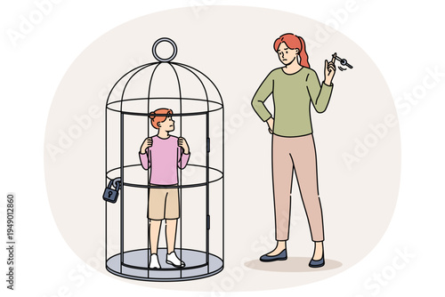 Overprotection and violence against children from woman standing near small cage with daughter. Problem of overprotection causing stress and depression in child, victims of bad parents