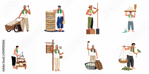 Collection of Traditional Asian Tofu Vendors and Workers in Various Poses, Flat Vector Illustrations Set Isolated on White Background