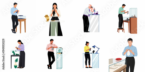 Vector illustration set of jewelry store staff cleaning, examining, and presenting luxury watches, rings, and necklaces in a high-end boutique environment.