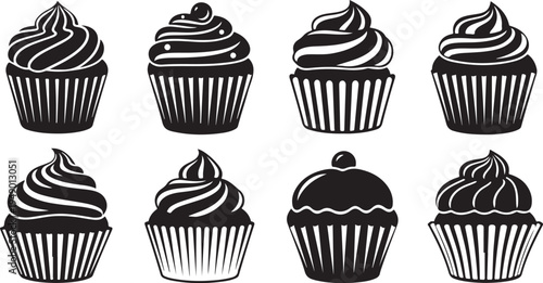 Black and white cupcake illustrations in various designs sweet