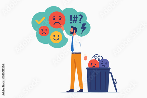 A flat design illustration showing a man thinking about emotions and throwing away negative ones in a trash bin. Ideal for concepts of mental health, stress relief, and positive thinking.