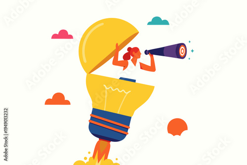 A dynamic flat design illustration of a woman inside an open lightbulb shaped as a rocket, using a telescope to search for future opportunities.