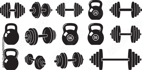 Variety of black dumbbells and kettlebells on white background