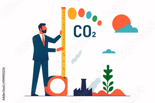 Businessman measuring CO2 levels with a tape measure, symbolizing environmental impact and climate change monitoring. Ideal for eco-friendly business and sustainability campaigns.