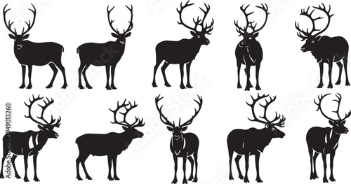 Set of black silhouettes of deer with antlers standing