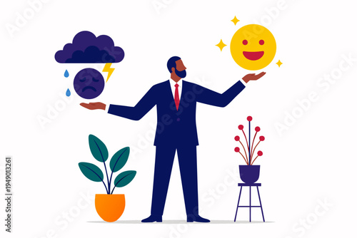 A businessman in a suit holds a sad, stormy face in one hand and a happy sun face in the other, symbolizing emotional balance and mood management in flat design.