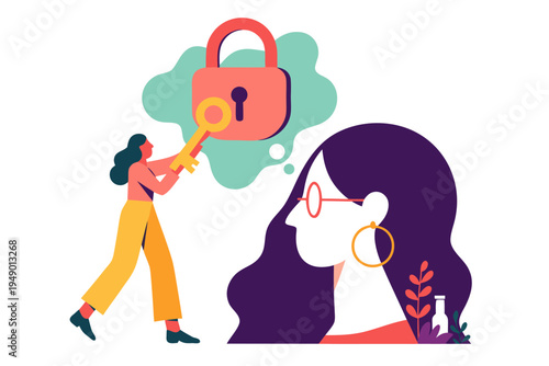 A small woman holds a key, reaching for a locked thought bubble above a large woman's head, symbolizing solutions and breakthroughs in flat design.