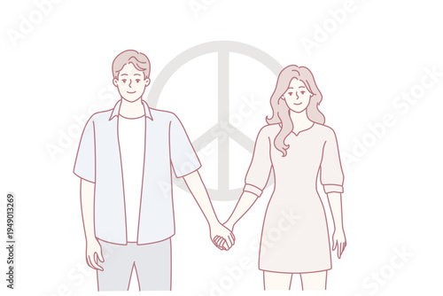 Man and woman dressed in casual style hold hands standing near symbol of pacifism. Friendly guy and girl posing near sign symbolizing peace and disarmament. Flat vector illustration