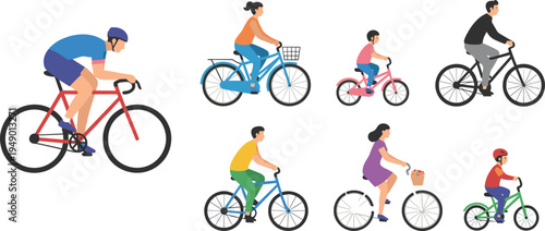 Set of diverse people riding bicycles including professional cyclists families children and city commuters in flat vector design style for outdoors.