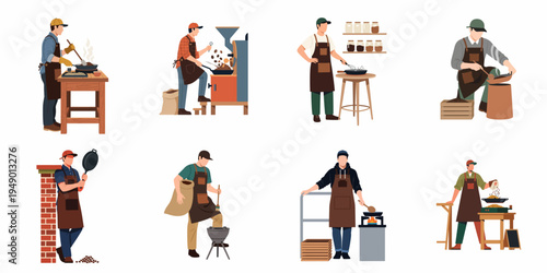 Collection of flat vector illustrations depicting professional male roasters performing various steps in the artisanal coffee bean roasting process.