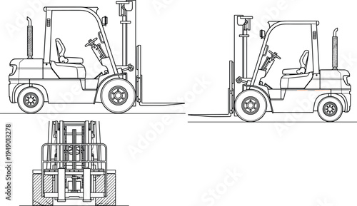 Technical line drawings of forklift from multiple perspectives, showcasing structural components, lifting mechanal 