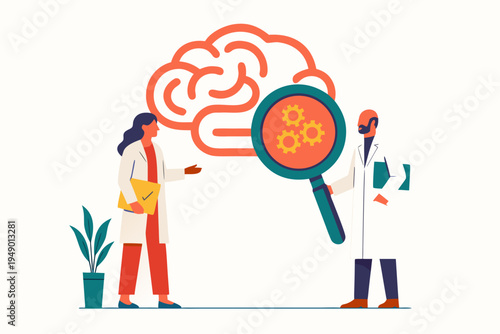 Two scientists in lab coats examine a stylized brain with gears inside using a magnifying glass. Ideal for concepts of neuroscience, research, or problem-solving.