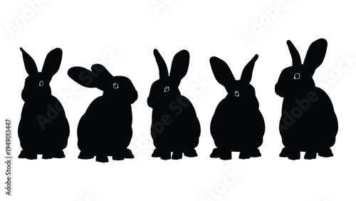 Detailed analysis of five black rabbit silhouettes in a row on white background with distinctive features