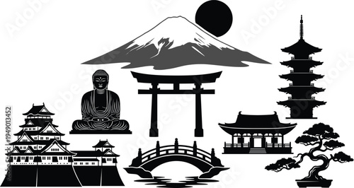 Japan landmark silhouettes set with Mount Fuji, Torii gate, pagoda, Great Buddha, Japanese castle, bonsai tree, and traditional bridge cultural icon collection