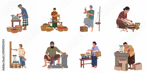 Set of diverse market vendors weighing and selling shallots and garlic on traditional and modern scales in a Southeast Asian style.