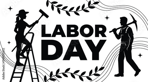Labor Day celebration vector silhouette featuring hardworking construction worker and professional window cleaner with decorative leaf elements and stars on white background