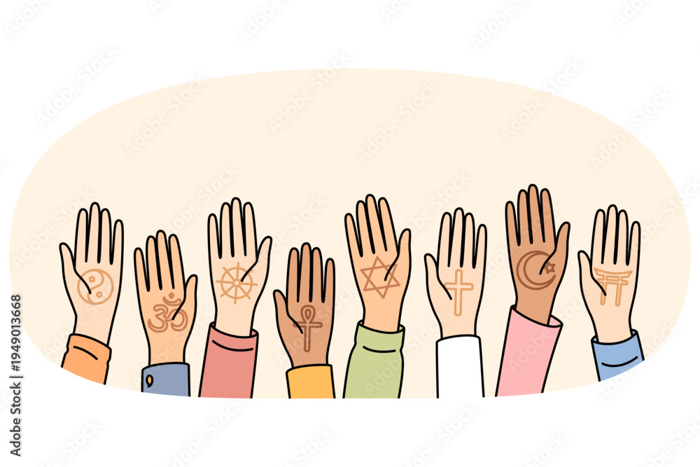 Obraz premium World religions day is celebrated by multiracial people by raising palms up as sign of unity and friendship. Christians and buddhists or muslims call for cooperation between different religions