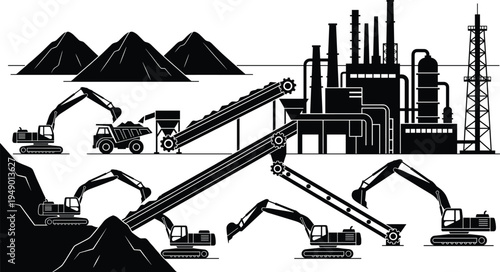 Industrial mining site silhouette featuring excavators conveyor belts dump trucks and factory processing plant for heavy machinery and resource extraction vector