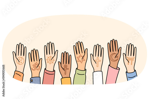 World religions day is celebrated by multiracial people by raising palms up as sign of unity and friendship. Christians and buddhists or muslims call for cooperation between different religions