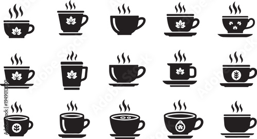 Collection of black coffee cups with steam rising icons