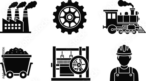 Industrial revolution vintage set with factory silhouettes locomotive steam train gear wheel coal mine cart and worker icon for manufacturing history concept