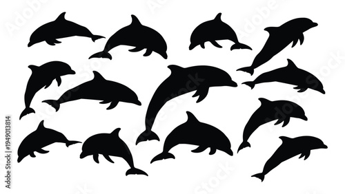 A group of dolphins swimming together in the ocean, black silhouettes on white background, marine life, aquatic mammals, underwater world, conservation, wildlife, nature, sea creatures