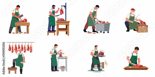Vector collection of professional butchers and meat processing workers cutting, preparing, and transporting fresh raw meat carcasses isolated on white background.
