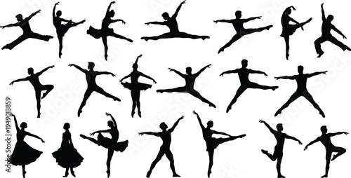 Ballet dancer silhouettes, classical dance poses, elegant ballerina movements, graceful choreography, artistic performance, stage art, pirouette, arabesque, leap, pointe technique