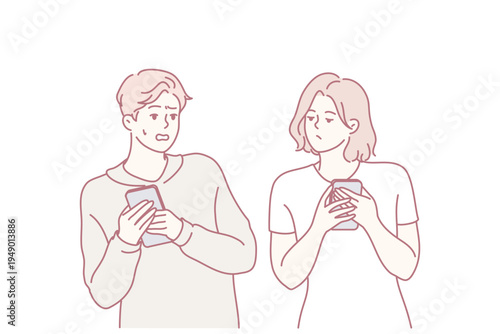Man hides mobile phone from curious woman peeping and exploding in private space. Girl looks at correspondence of embarrassed boyfriend using social networks in smartphone. Flat vector illustration