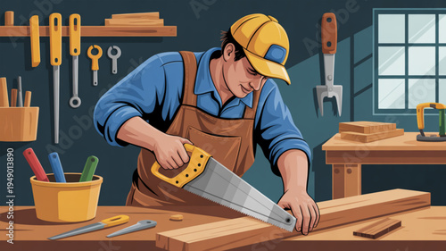 Man in workshop sawing wood with hand saw and yellow hard hat on wearing brown overalls and blue shirt surrounded by tools and equipment in a cluttered carpentry environment