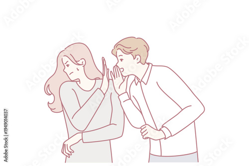 Self-sufficient woman turns away from screaming man after insults or unpleasant words. Girl shows stop sign with palm to guy who wants to tell secret or make obscene proposal. Flat vector illustration