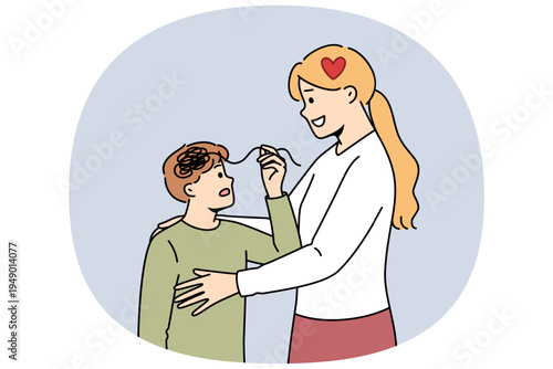 Motherly support from caring woman hugging unhappy boy with confused thoughts in head. Concept of importance of motherly support for raising healthy and promising person with successful future
