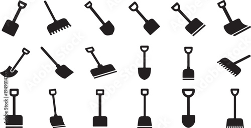 Collection of various gardening tools and shovels icons set