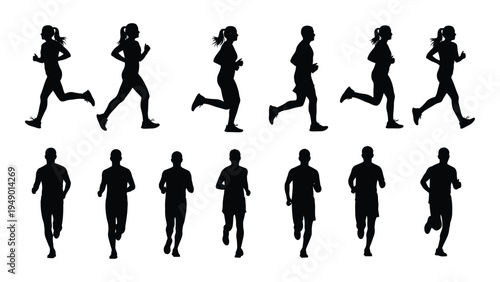 Collection of black silhouettes of people running in various poses on white background for fitness and sports illustrations