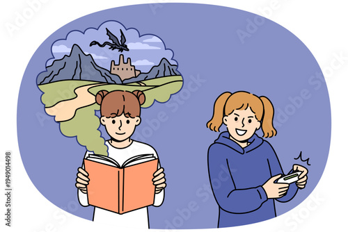 Children hobbies for teen girls, reading book or playing video console in free time. Children hobbies have different effects on psyche and cause development of fantasy or increased aggressiveness