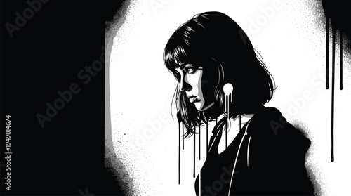 Foto Moody young woman with short hair in a high contrast black and white cinematic portrait with ink drips