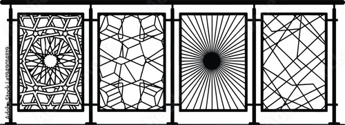 Four distinct geometric abstract patterns within rectangular frames on a black railing