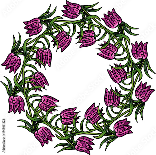 Pink bell shaped snakehead flowers and curved green stems forming decorative circular botanical wreath on white background, perfect for greeting cards, botanical prints